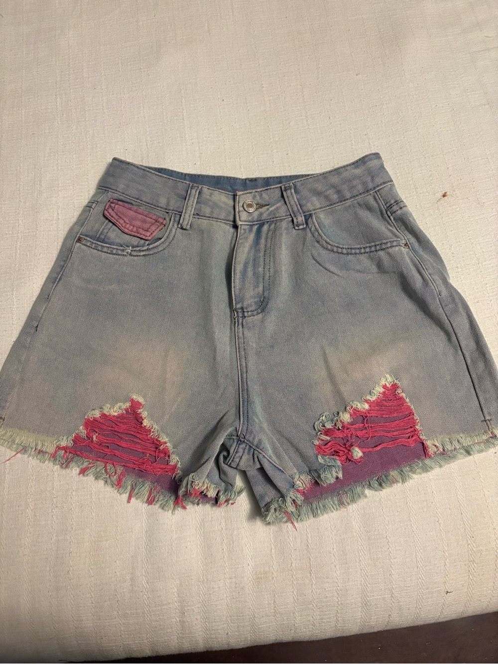 SHEIN Light Blue Denim Shorts with Pink Distressed Panels